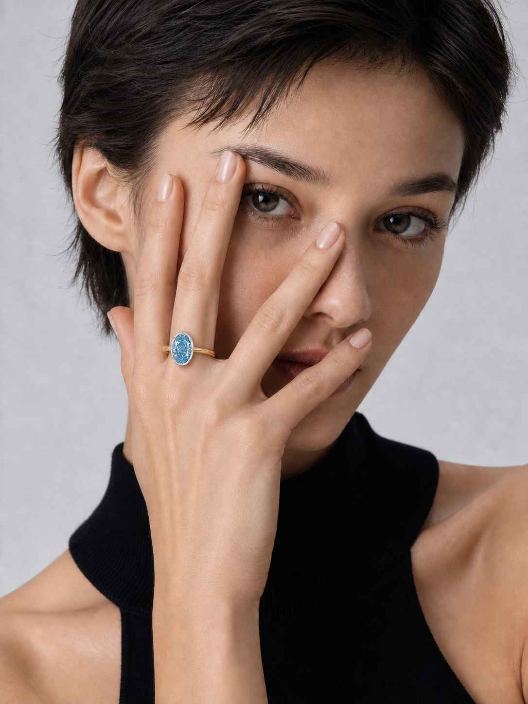 Blue Oval Lab Grown Diamond Ring in 14K Two-Tone Gold